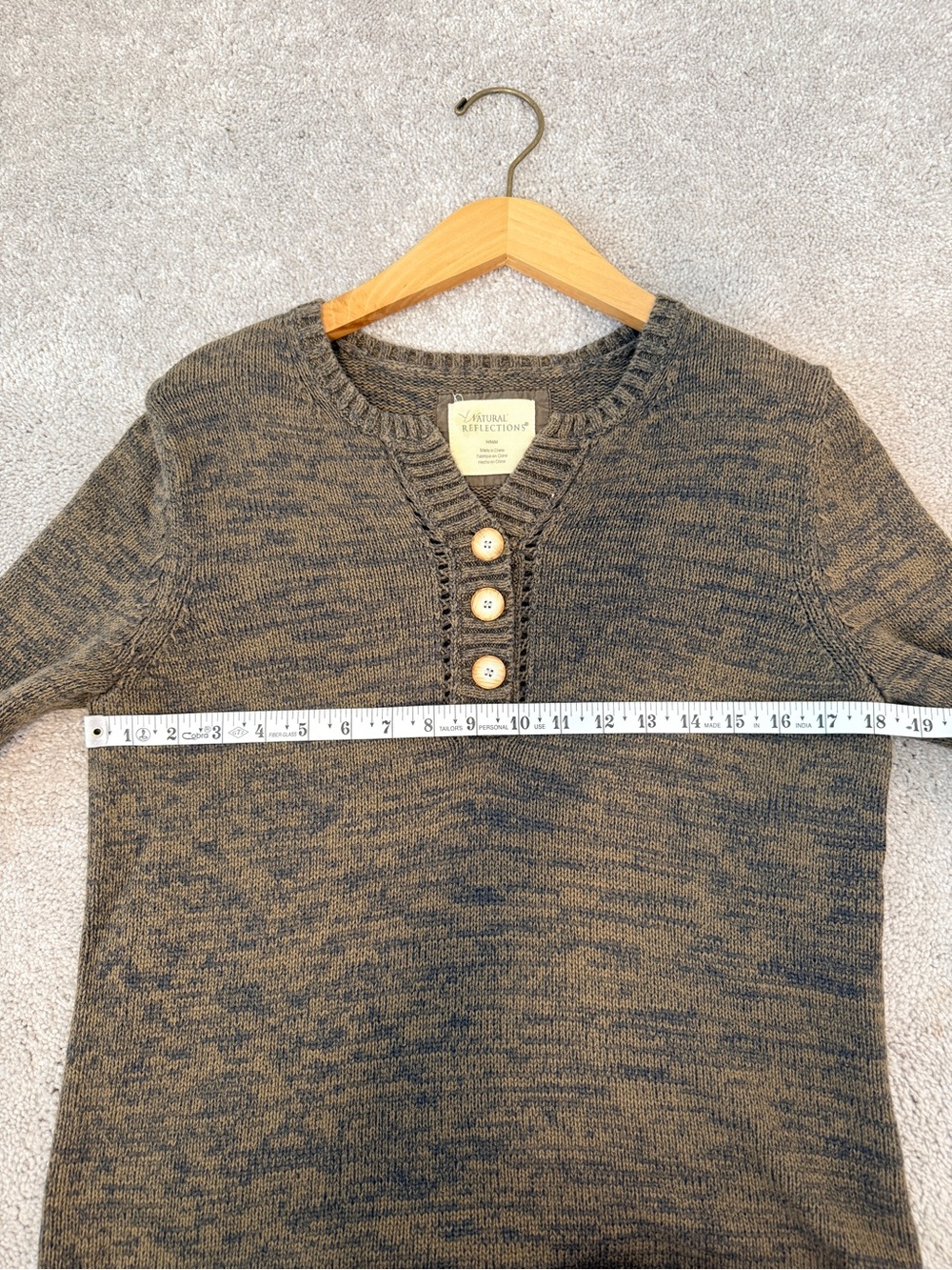 Brown & Gray Marled 100% Cotton Henley Sweater Pullover Boho Cottagecore Cozy - Picture 8 of 11